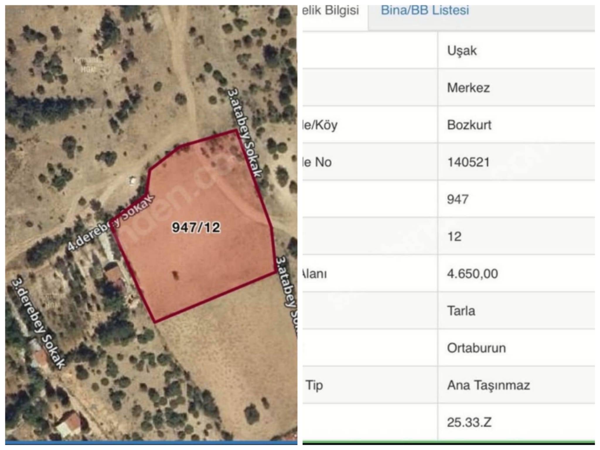UŞAK MERKEZ BOZKURT MAH. SATILIK 4.650M. TARLA 947-12 Parsel