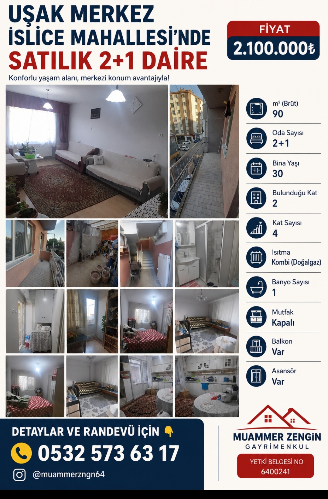 UŞAK MERKEZ İSLİCE MAH. 90m. 2+1 ARA KAT SATILIK DAİRE