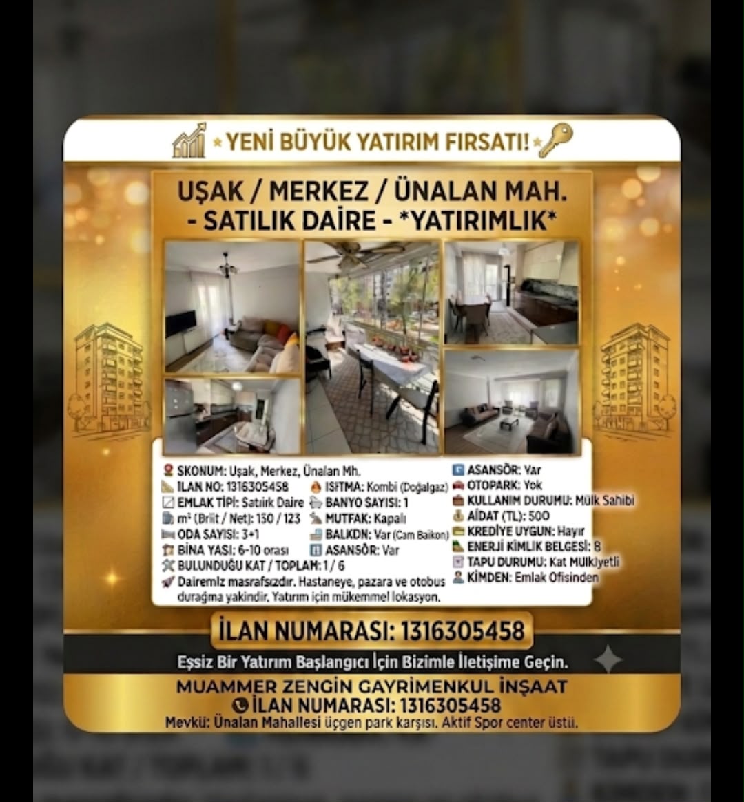 UŞAK MERKEZ ÜNALAN MAH. 130m. 3+1  LÜKS  SATILIK DAİRE